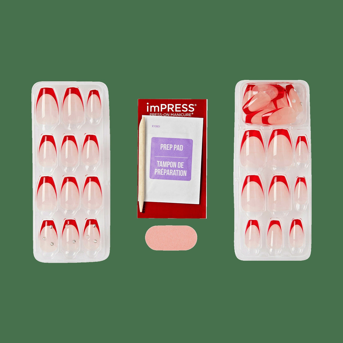 Impress Design No Glue Fake Press On Nails - Happy World | 3D & Jewel French, Red, Medium, Coffin, Manicure