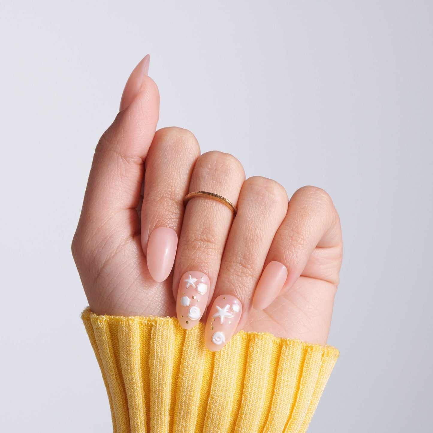 Kiss Glam Jeweled Press On Fake Glue Nails - Shell Me More | 3D & Jewel Design, Pink & White, Medium, Almond
