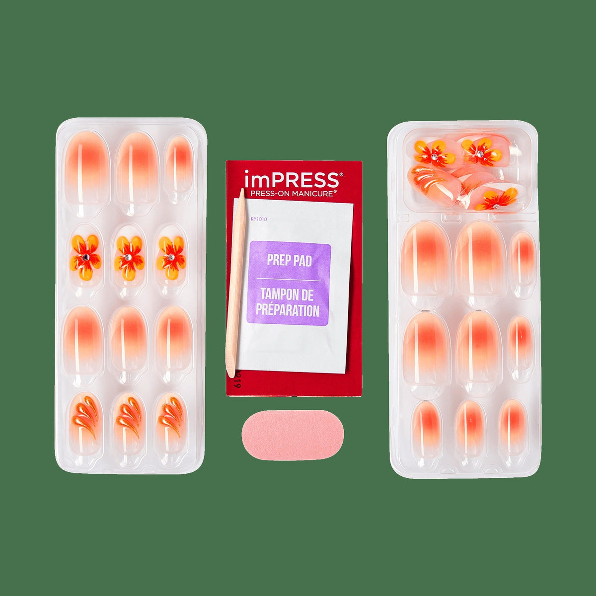 Impress Design No Glue Fake Press On Nails - Sea Bloom | 3D & Jewel Design, Orange, Medium, Oval, Manicure