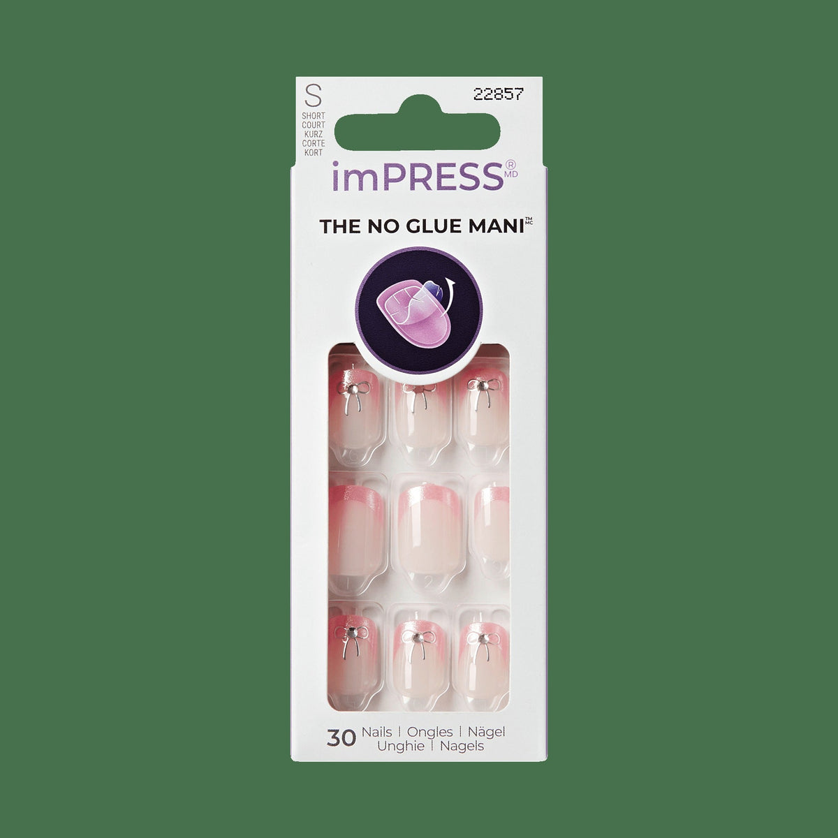 Impress Design No Glue Fake Press On Nails - Soft Petals | 3D & Jewel French Design, Pink, Short, Squoval, Manicure