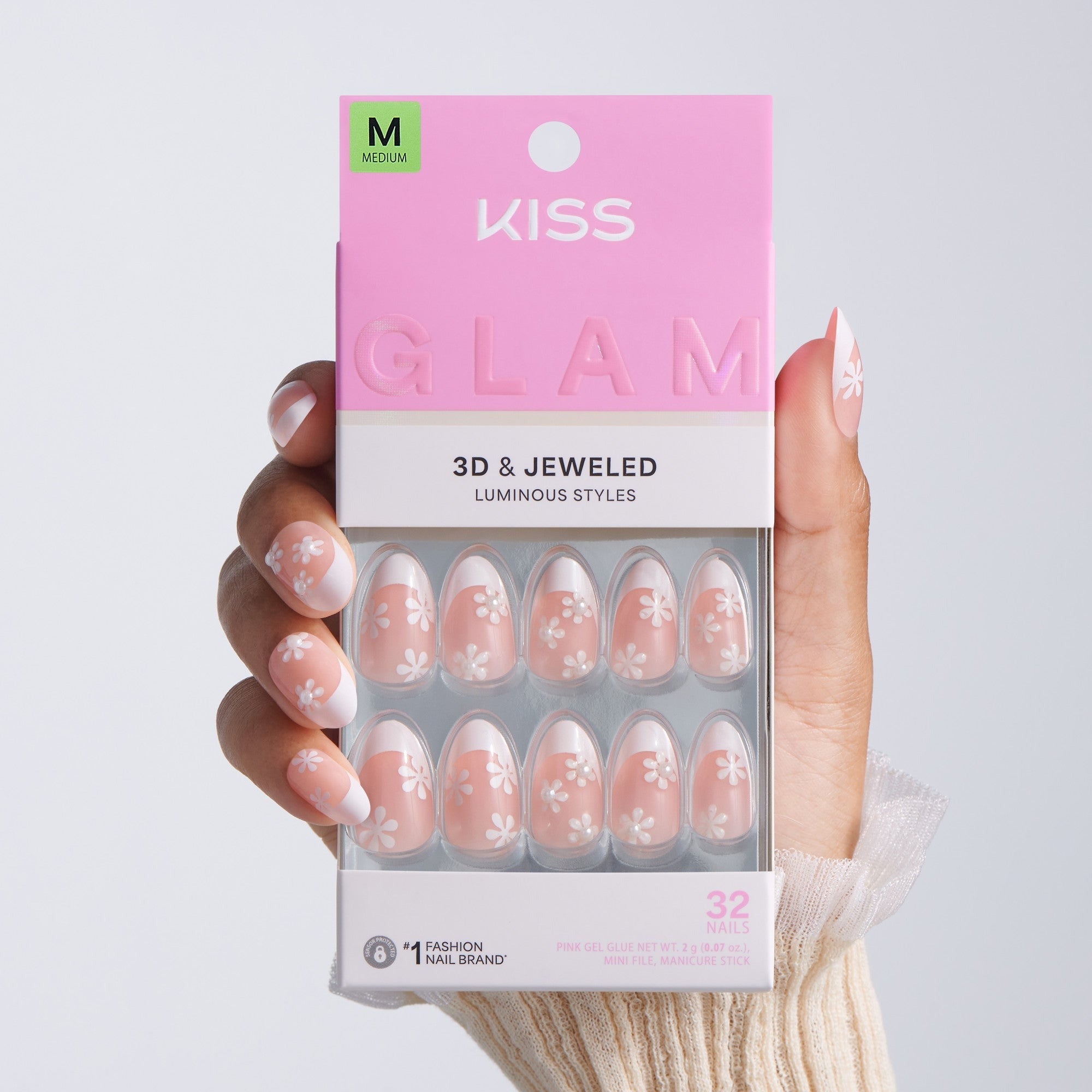 Kiss Glam Jeweled Press On Fake Glue Nails - Crystal Bloom | 3D & Jeweled French Design, White, Medium, Almond