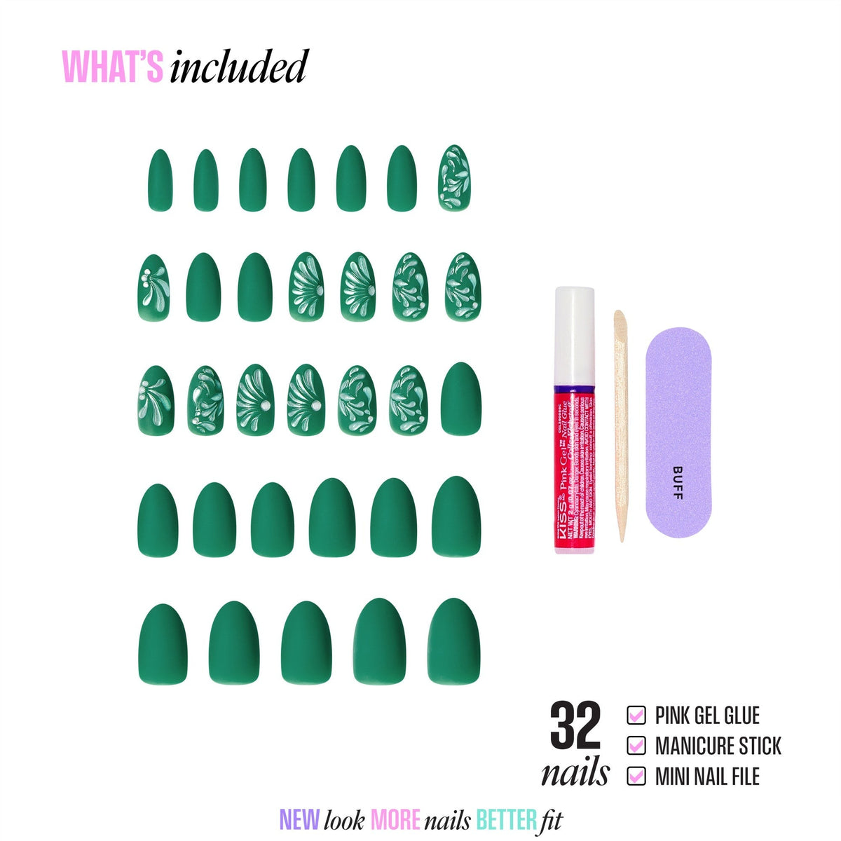 Kiss Glam Jeweled Press On Fake Glue Nails - Tropical Glow | 3D & Jewel Design, Green, Medium, Almond