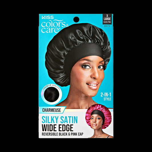 Kiss Colors & Care Silky Satin Double Wear Cap, XL - Black | Reversible, Extra-Large, Silk Bonnet, Sleep Bonnet, Hair Accessories