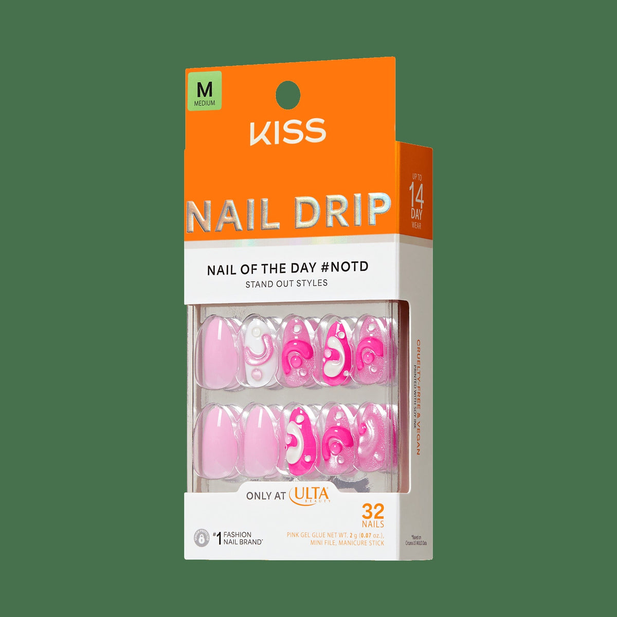Kiss Nail Drip Press On Fake Glue Nails - Cheerful Meadow | 3D & Jewel Design, Pink, Medium, Almond