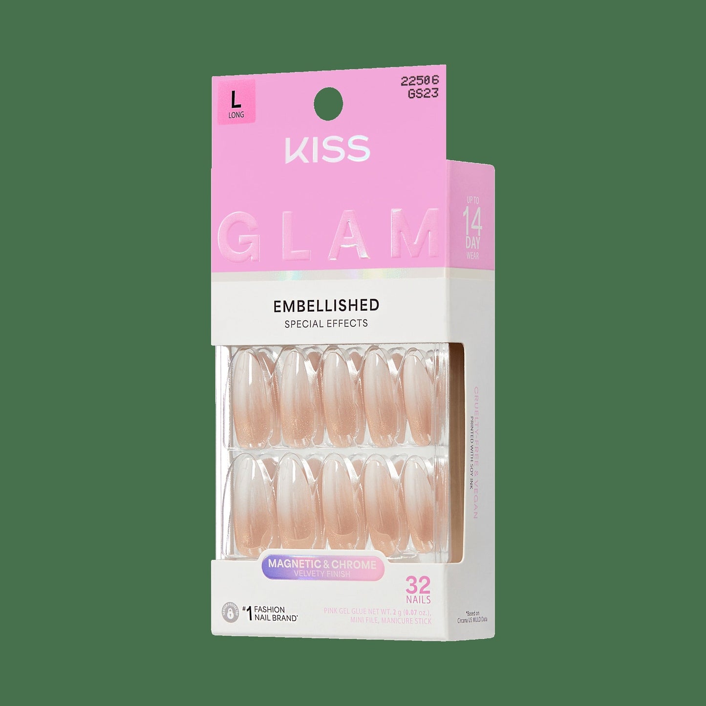 Kiss Glam Embellished Press On Fake Glue Nails - Day n Night | Design, Beige & White, Long, Almond
