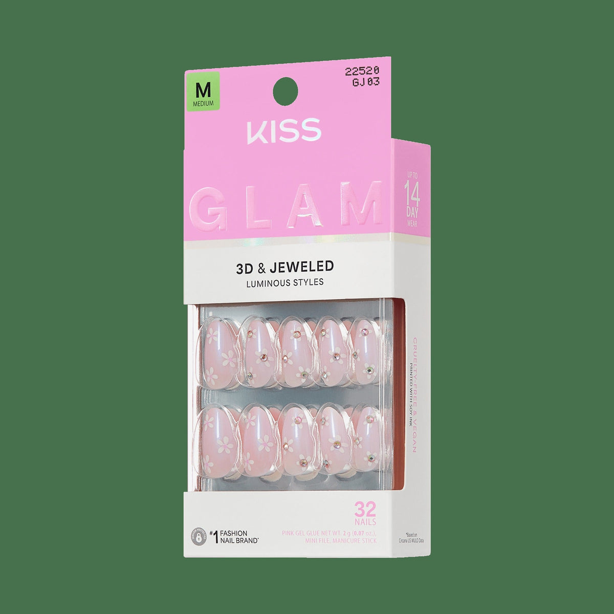 Kiss Glam 3D & Jewel Press On Fake Glue Nails - Breeze of Bliss | Design, Pink, Medium, Almond