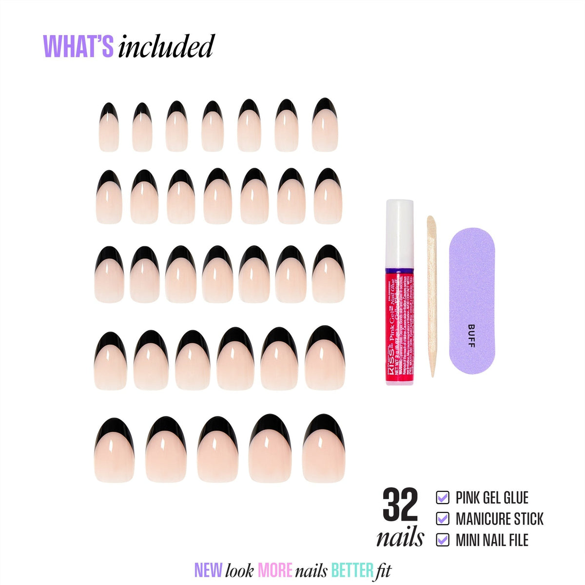 Kiss Core French Press On Fake Glue Nails - Full of Fun | French Tips, Black, Medium, Almond