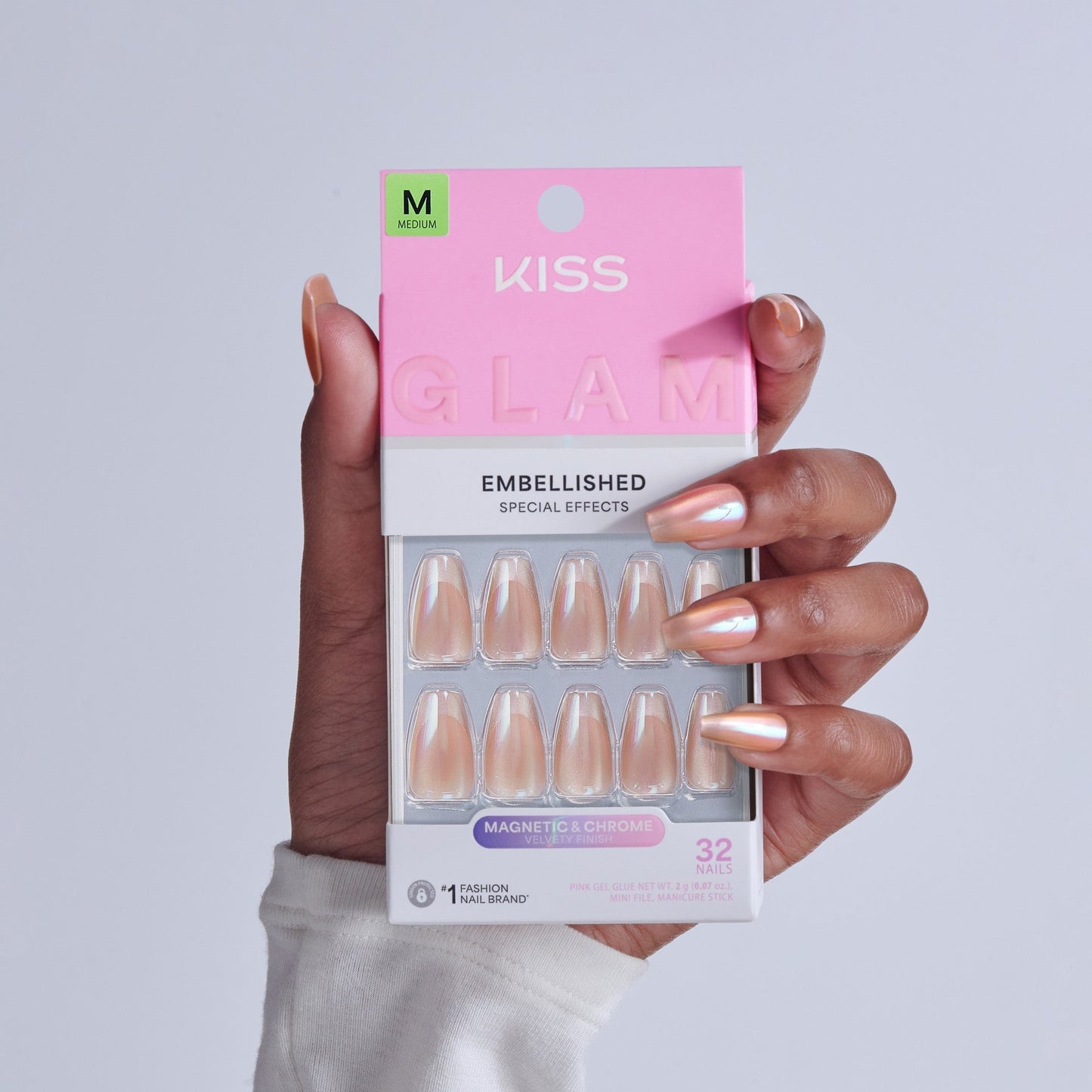 Kiss Glam Embellished Press On Fake Glue Nails - Dusk Mirage | Design, Beige, Medium, Coffin
