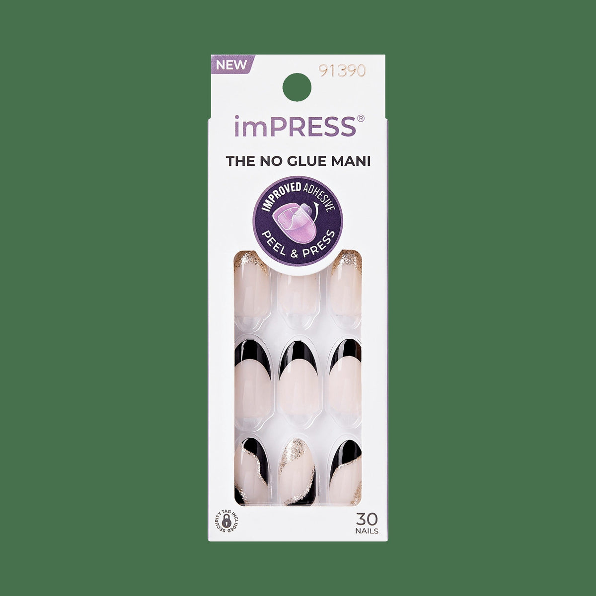 Impress French No Glue Fake Press On Nails - Illusion | French Design, Black, Medium, Almond, Manicure