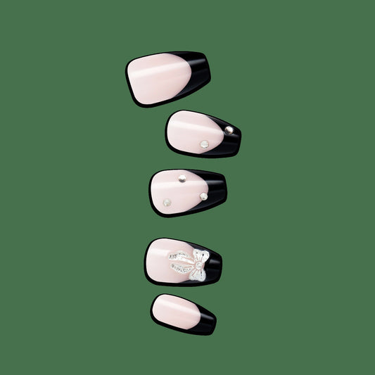 Impress Design No Glue Fake Press On Nails - By The River | 3D & Jewel French, Black, Medium, Coffin, Manicure