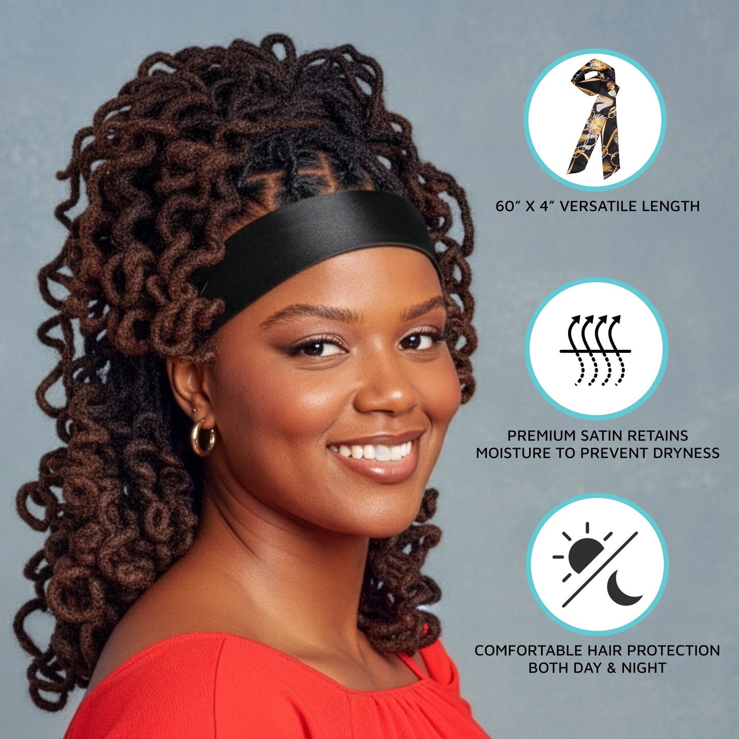 Kiss Colors & Care Silky Satin Edge Scarf - Black | Head Scarf, Hair Scarf, 60"L x 4"W, Hair Accessories