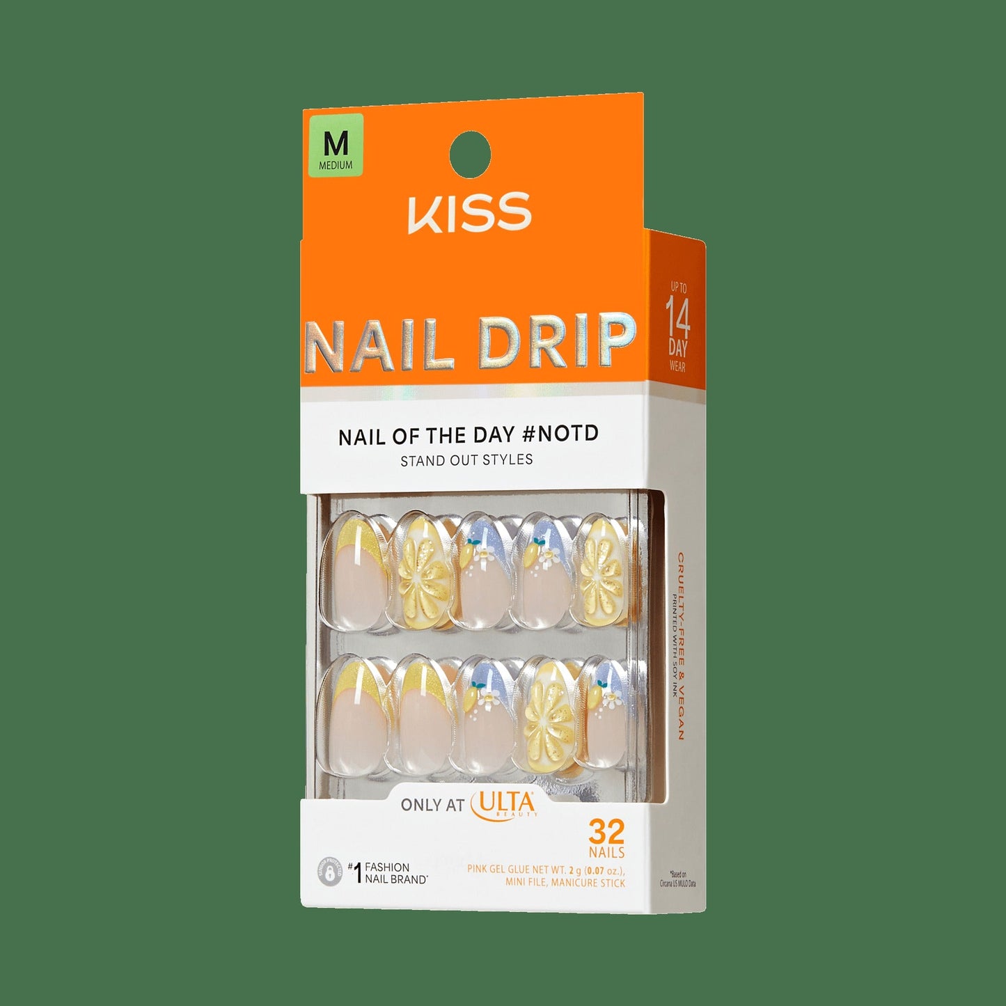 Kiss Nail Drip Press On Fake Glue Nails - Euphoric Leap | 3D & Jewel French Design, Yellow, Medium, Almond