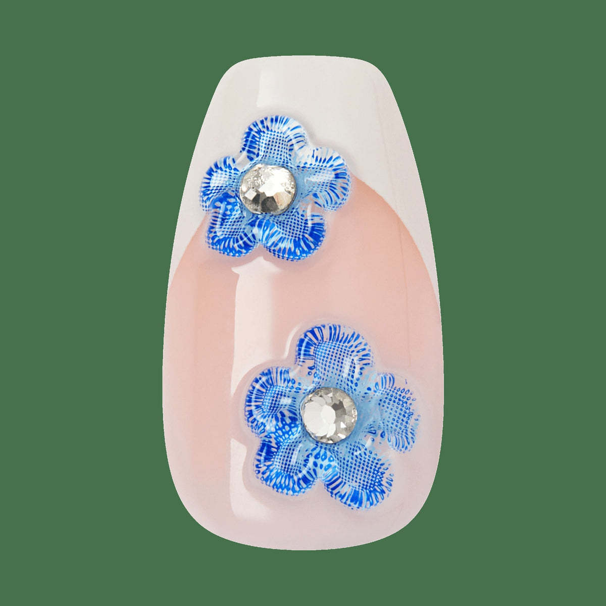Impress Design No Glue Fake Press On Nails - Pure Ray | 3D & Jewel French Design, Blue & White, Medium, Coffin, Manicure