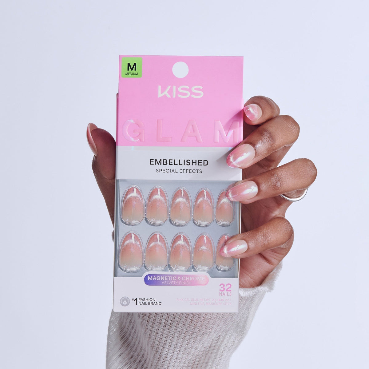 Kiss Glam Embellished Press On Fake Glue Nails - Stardust Wonder | Design, Pink, Medium, Almond