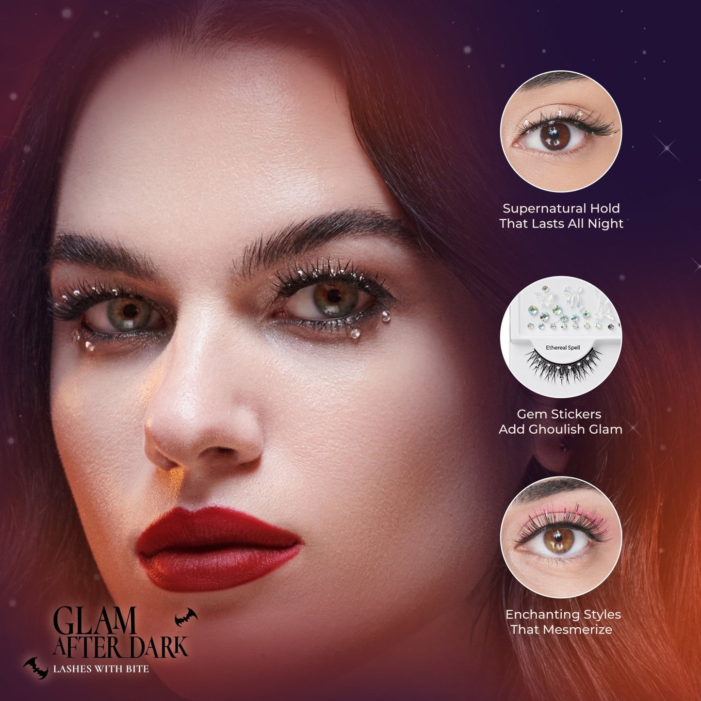 Kiss Halloween Decorated False Eyelashes & Gem Sticker - Enchanted Sparkles | 1 Pair, Strip Lashes, 8mm-13mm
