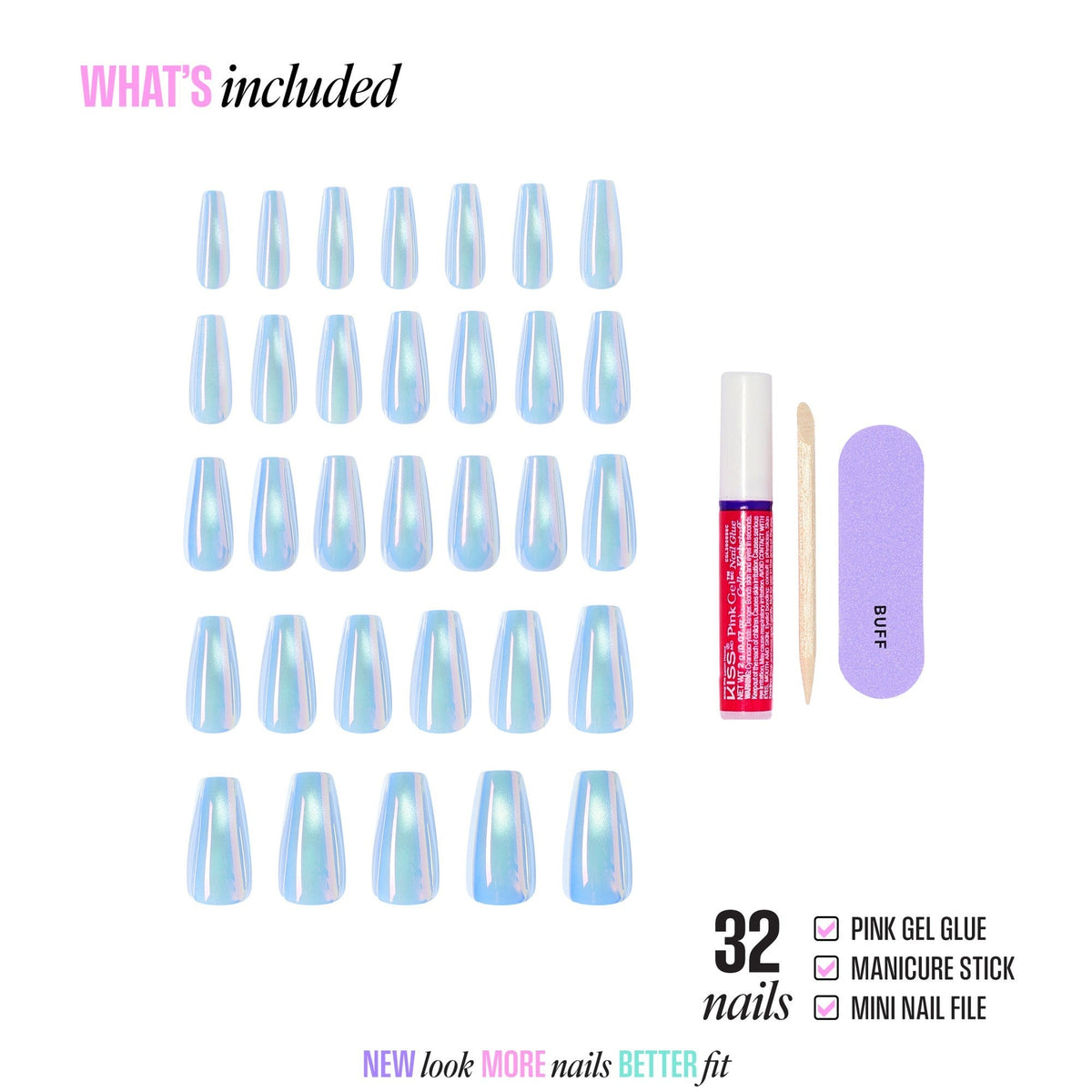 Kiss Glam Embellished Press On Fake Glue Nails - Light Me Softly | Design, Blue, Long, Coffin
