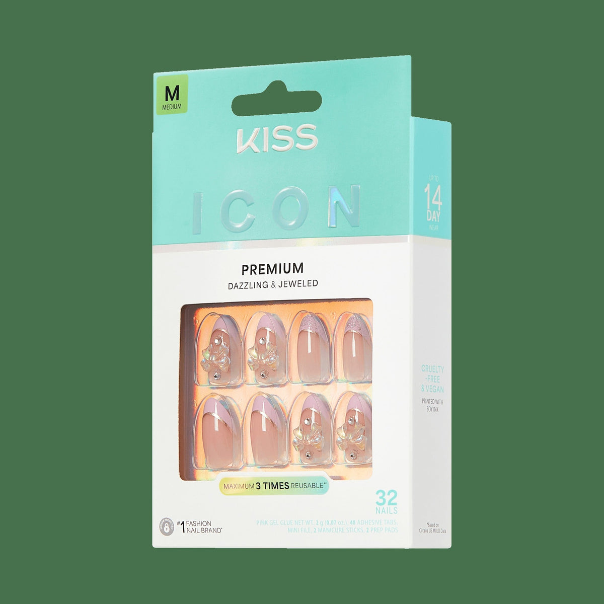Kiss Icon Press On Fake Glue Nails - Vibrant | 3D & Jewel French, Pink, Medium, Almond