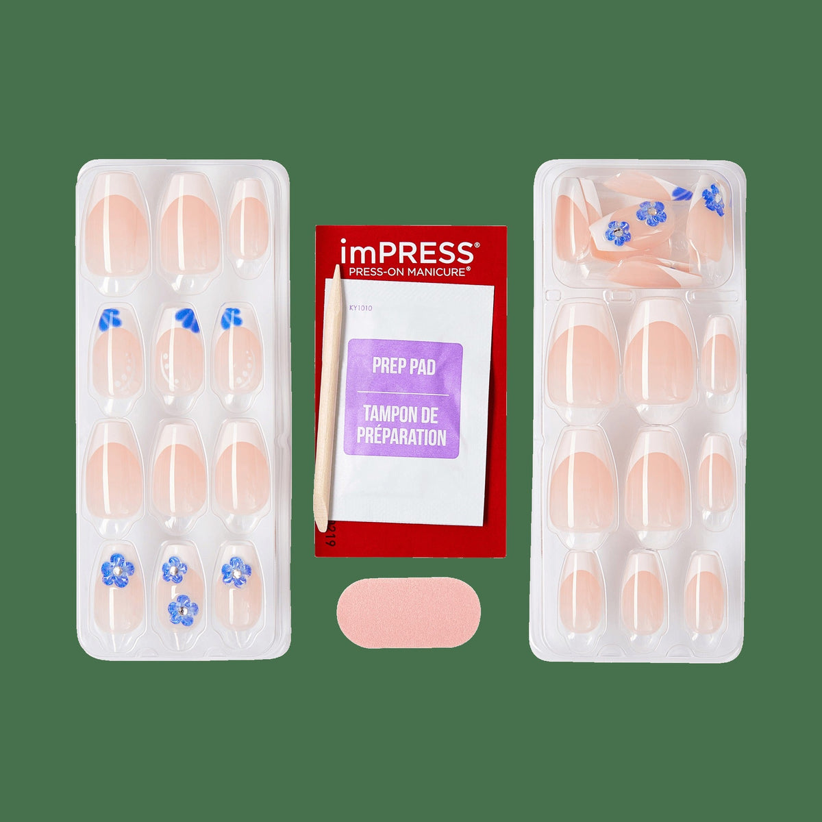 Impress Design No Glue Fake Press On Nails - Pure Ray | 3D & Jewel French Design, Blue & White, Medium, Coffin, Manicure