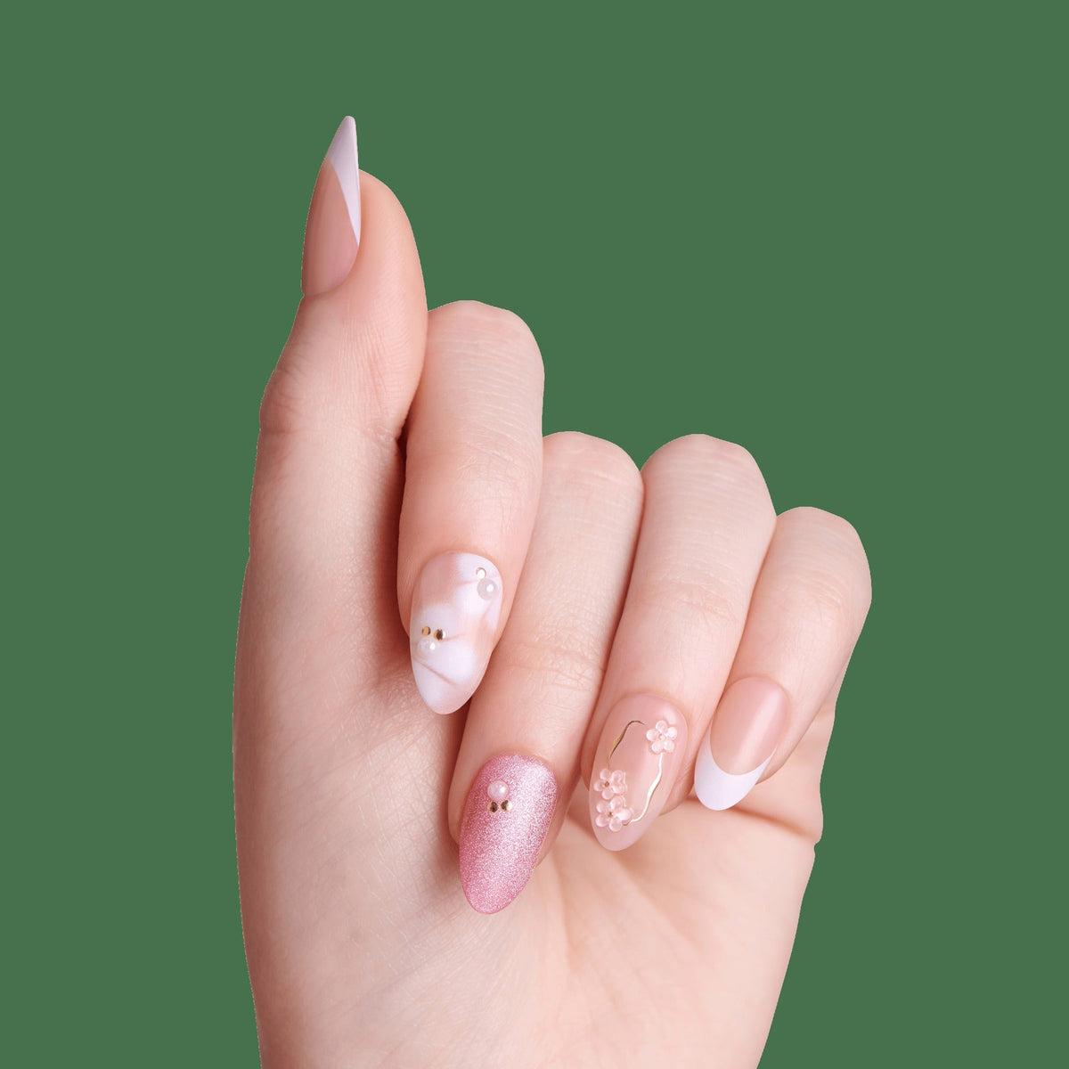 Impress Design No Glue Fake Press On Nails - Bloom Luxe | 3D & Jewel Design, Pink, Medium, Almond, Manicure