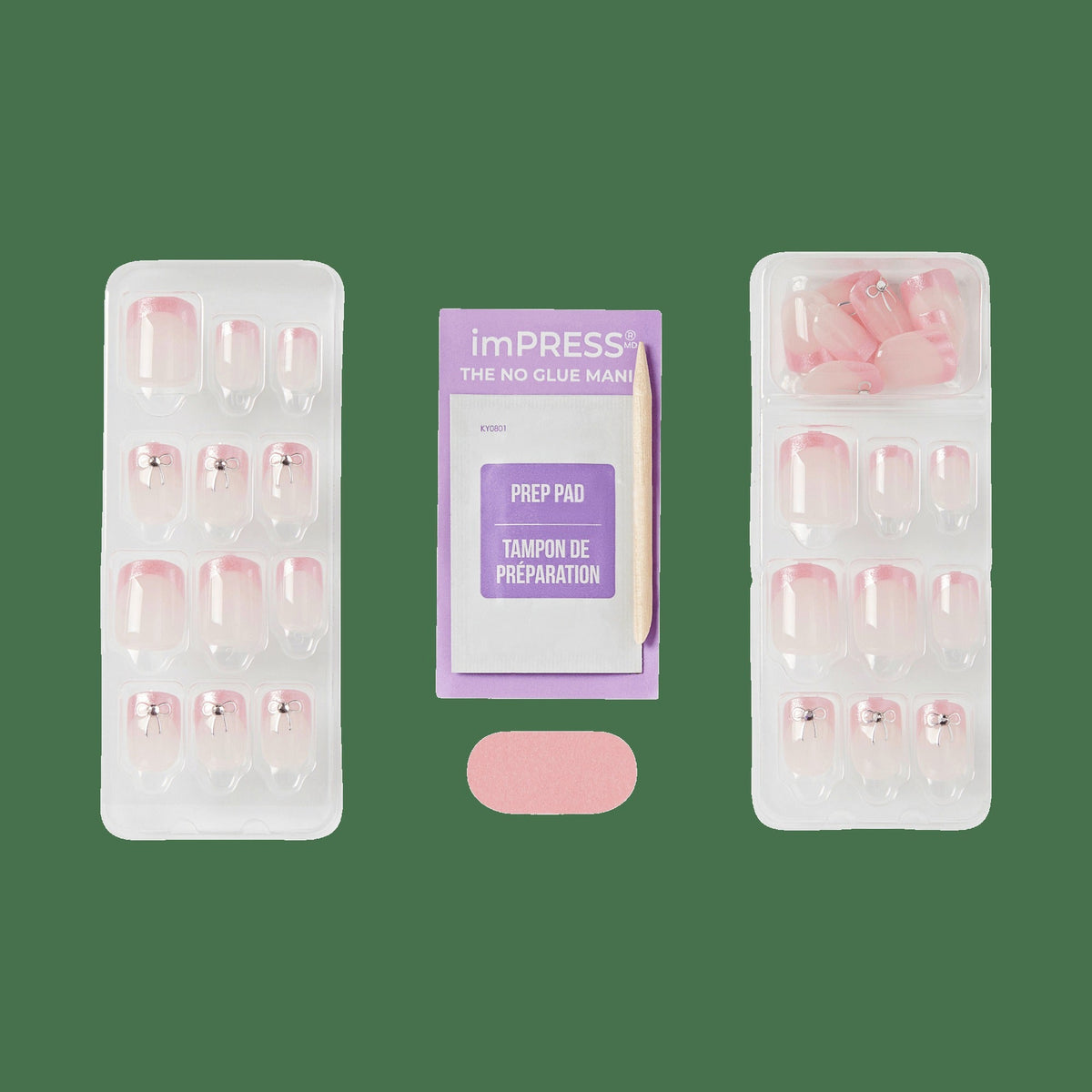 Impress Design No Glue Fake Press On Nails - Soft Petals | 3D & Jewel French Design, Pink, Short, Squoval, Manicure