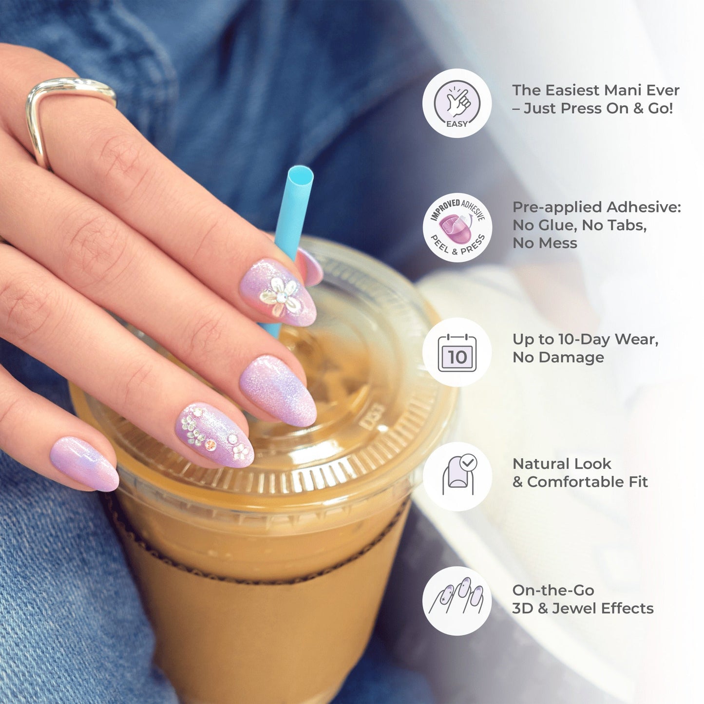 Impress Premium No Glue Fake Press On Nails - Pick Me First | 3D & Jewel Design, Multicolor, Medium, Oval, Manicure