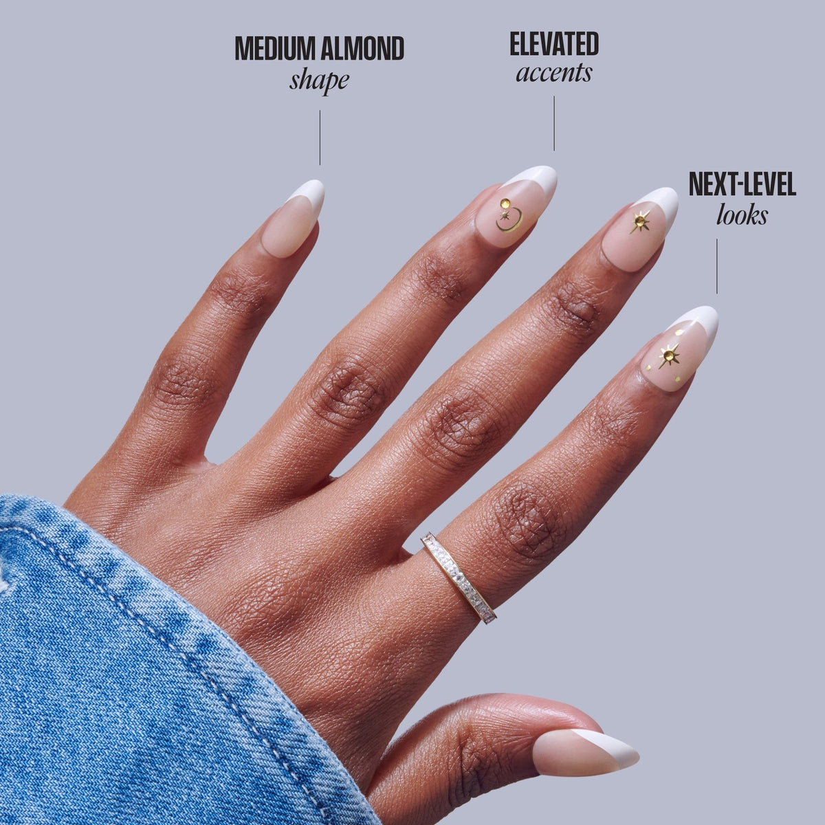 Kiss Glam 3D & Jewel Press On Fake Glue Nails - Zephyr | 3D & Jewel French Design, White & Gold, Medium, Almond