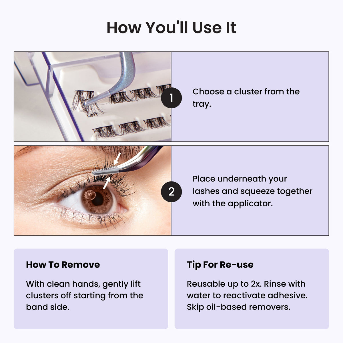 Impress Falsies Long Lasting Pre-Glued False Eyelashes Starter Kit - Demi Edgy | 24 Lash Clusters, With Applicator, Up To 5 Day Wear, 5mm-14mm