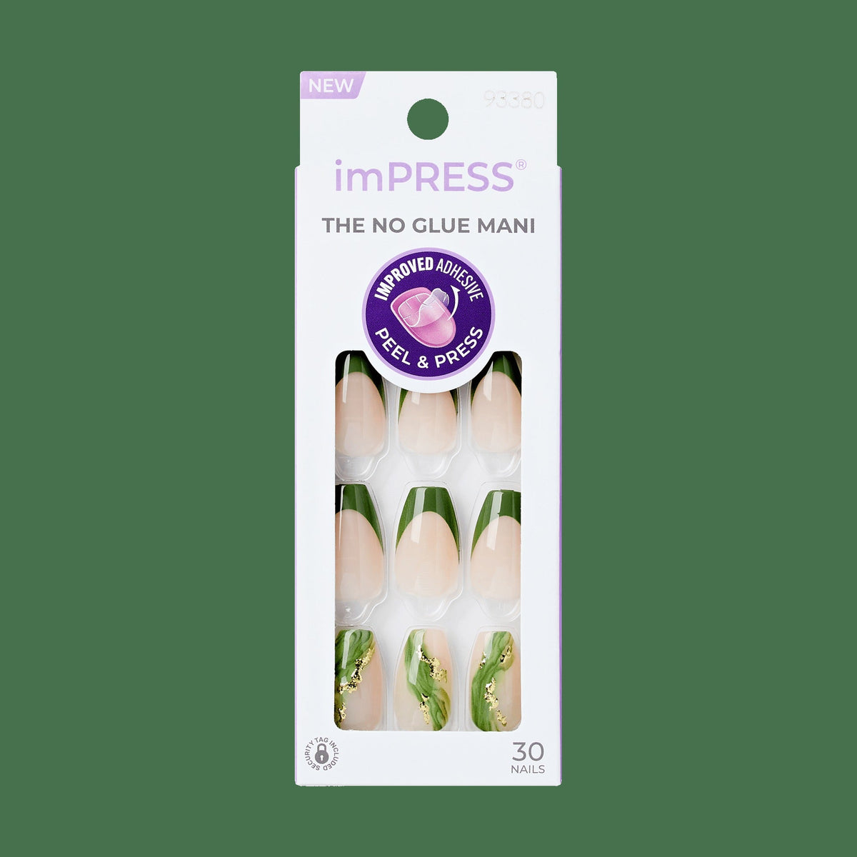 Impress Design No Glue Fake Press On Nails - Ballerina | French Design, Green, Medium, Coffin, Manicure