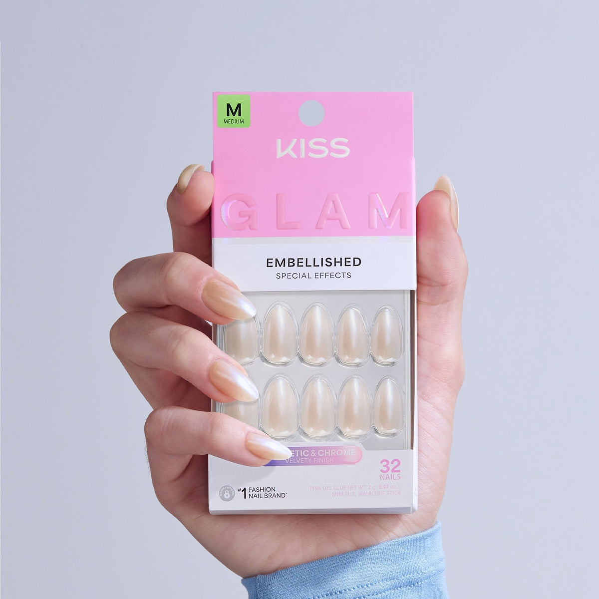 Kiss Glam Embellished Press On Fake Glue Nails - Dive | Design, Neutral, Medium, Almond