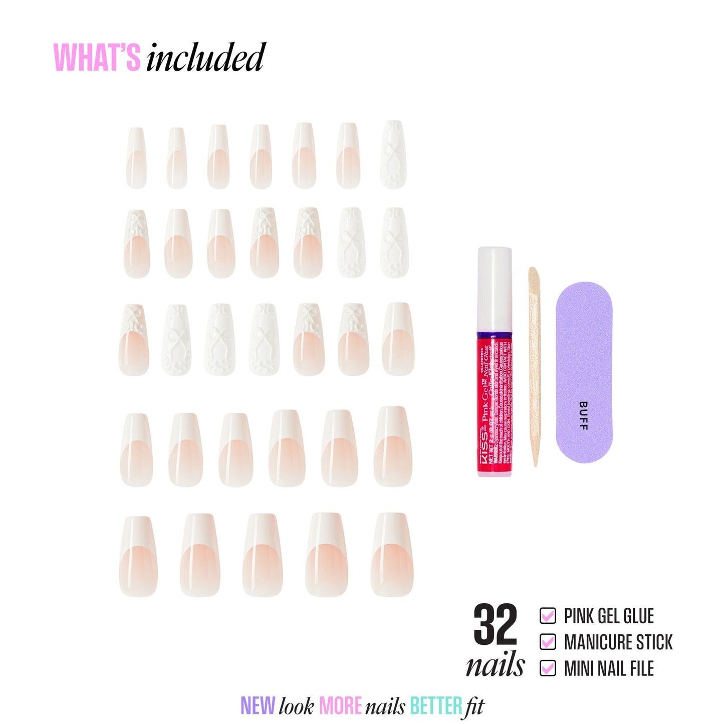 Kiss Glam 3D & Jewel Press On Fake Glue Nails - Breath of Harmony | French, White, Long, Coffin