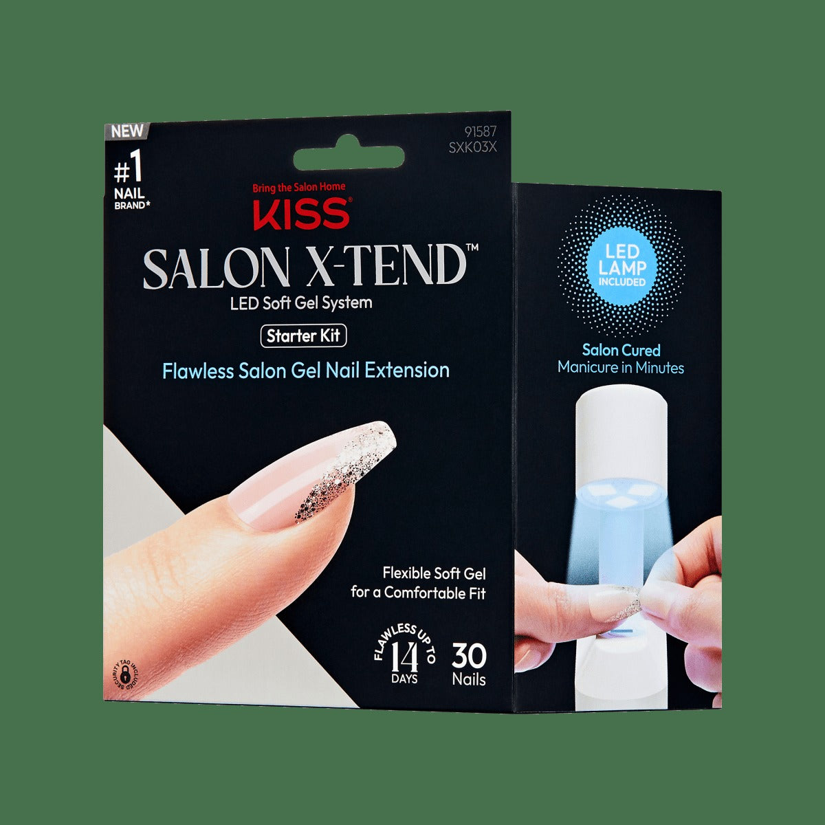 Kiss Salon X-tend LED Soft Gel Press On Nail Starter Kit System - Idol | French, Metallic Gold, Medium, Coffin