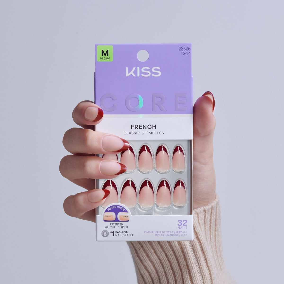 Kiss Core French Press On Fake Glue Nails - Cheerful | French Tips, Red, Medium, Almond
