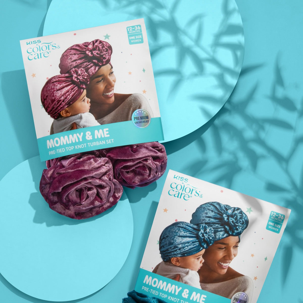Kiss Colors & Care Mommy & Me Pre-Tied Top Knot Turban Set - Blue | Mom & Toddler, Velvet, Hair Turban, 2 pc, Hair Accessories