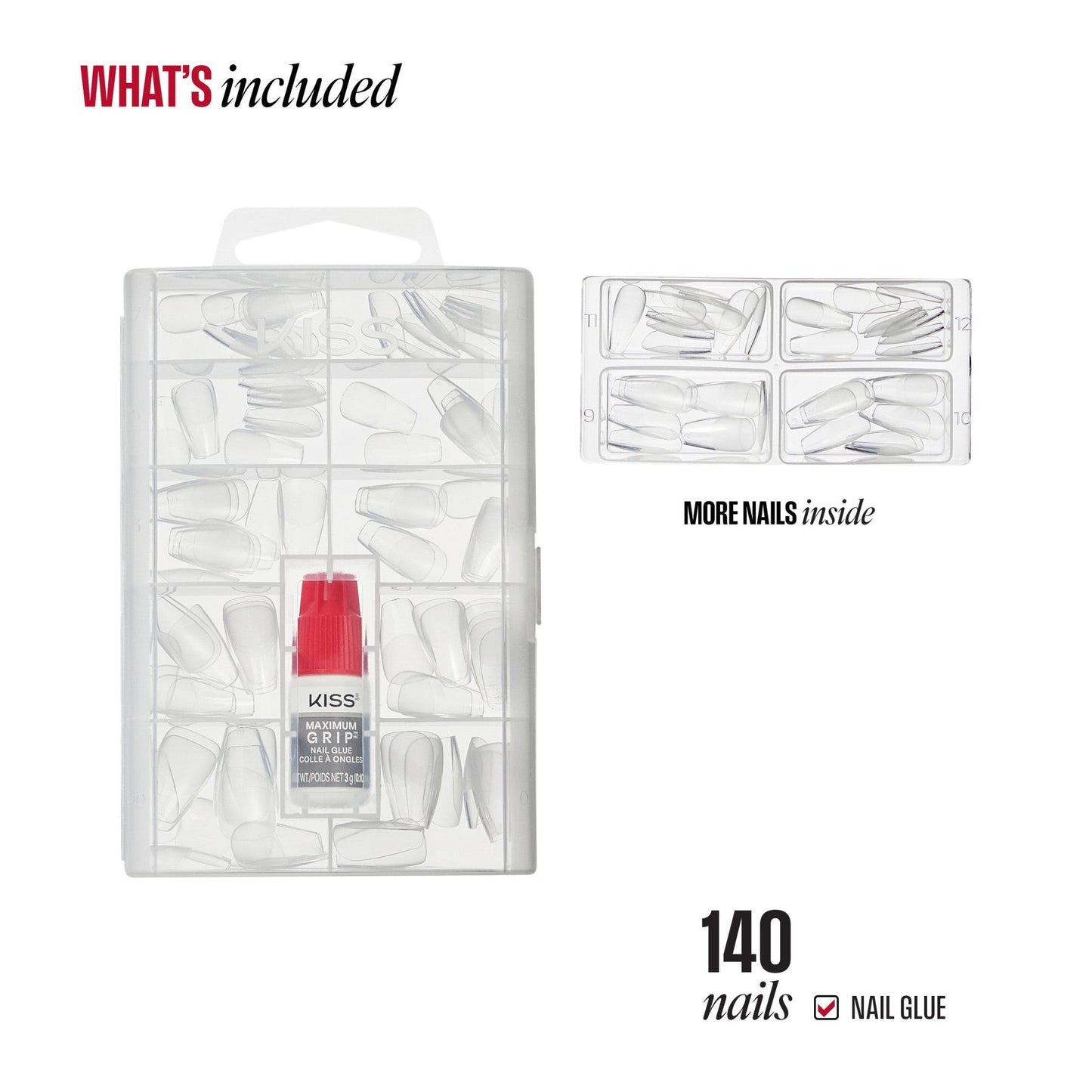 Kiss Professional Full Cover Press On Fake Nails - Luminous | 140 Nails, Includes Nail Glue, Solid, Clear, Medium, Coffin