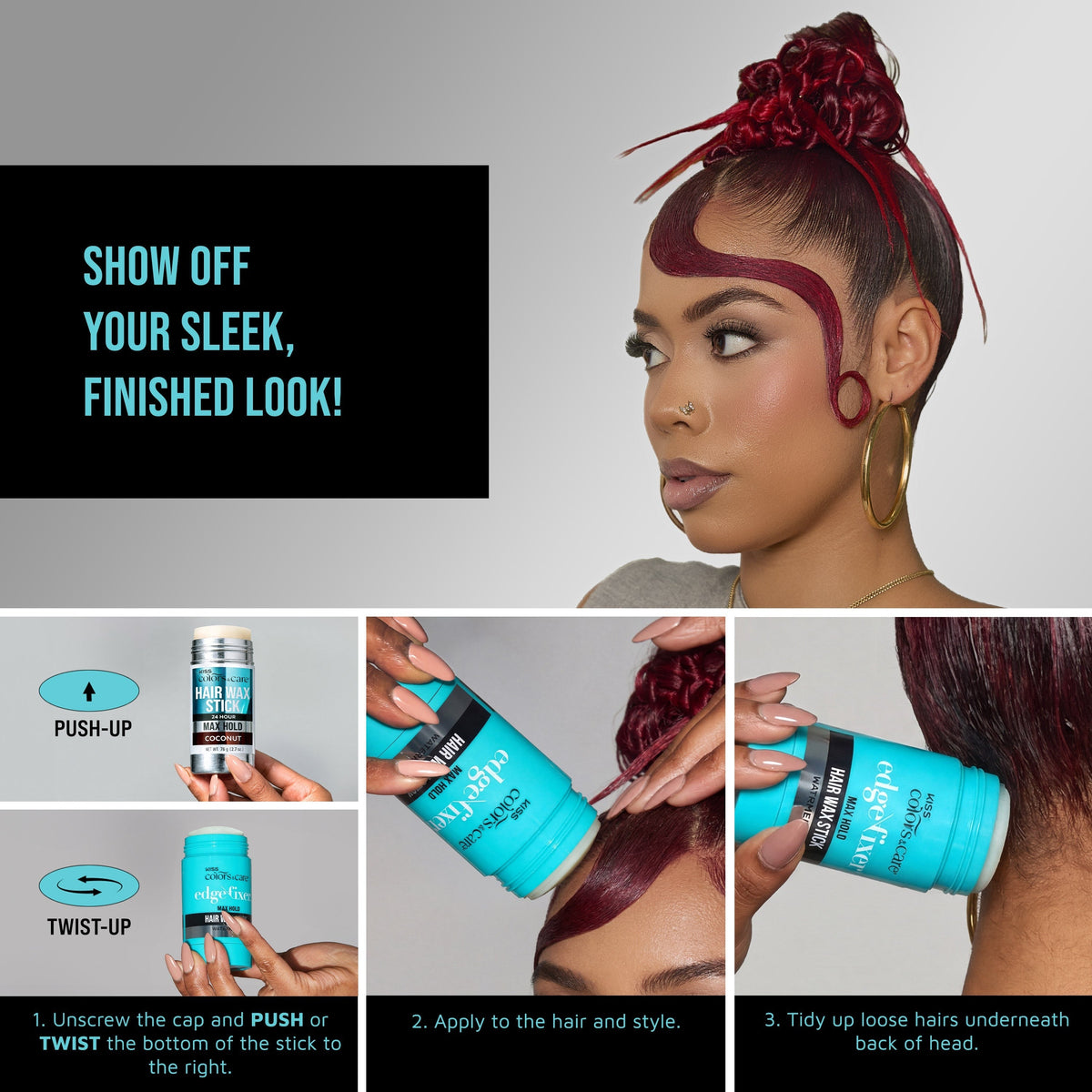 Kiss Colors & Care Edge Fixer Wax Stick - Coconut | Edge Control, Baby Hair Gel, 24 hr Max Hold, Push-Up Application, Hair Care