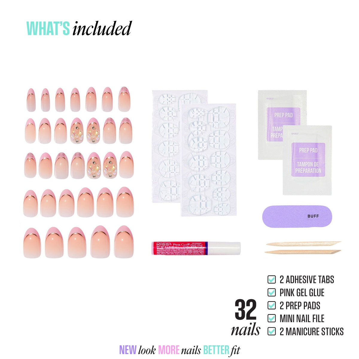 Kiss Icon Press On Fake Glue Nails - Vibrant | 3D & Jewel French, Pink, Medium, Almond