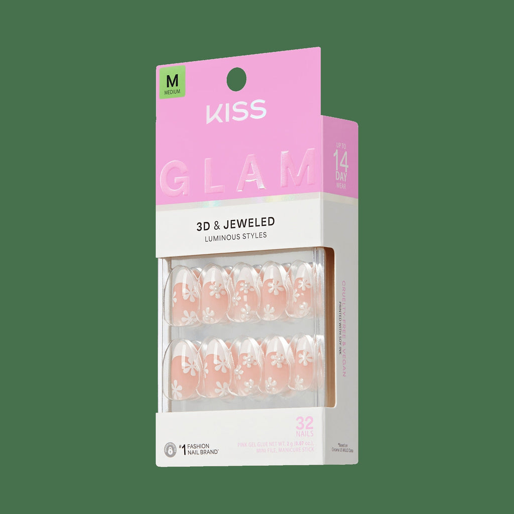Kiss Glam Jeweled Press On Fake Glue Nails - Crystal Bloom | 3D & Jeweled French Design, White, Medium, Almond