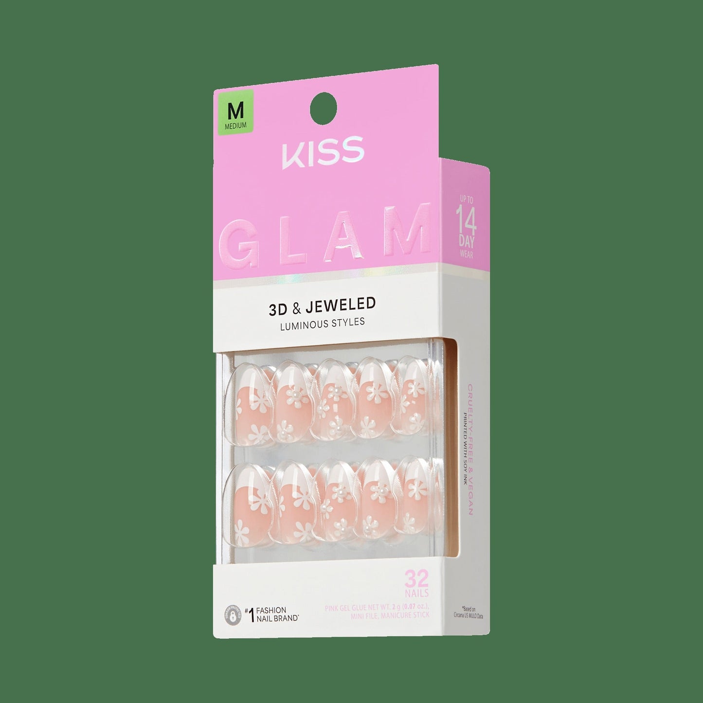 Kiss Glam Jeweled Press On Fake Glue Nails - Crystal Bloom | 3D & Jeweled French Design, White, Medium, Almond