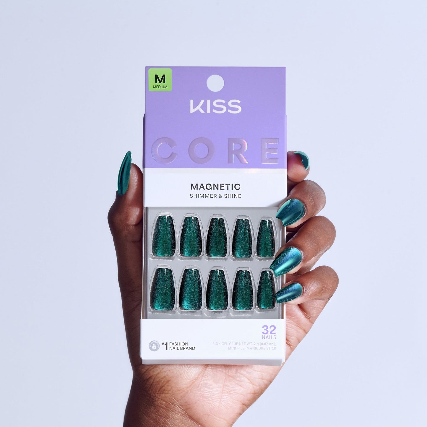 Kiss Core Magnetic Press On Fake Glue Nails - Shimmering | Magnetic, Green & Blue, Medium, Coffin