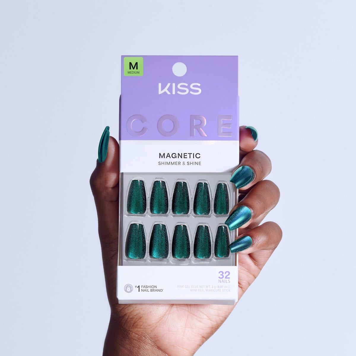 Kiss Core Magnetic Press On Fake Glue Nails - Shimmering | Magnetic, Green & Blue, Medium, Coffin