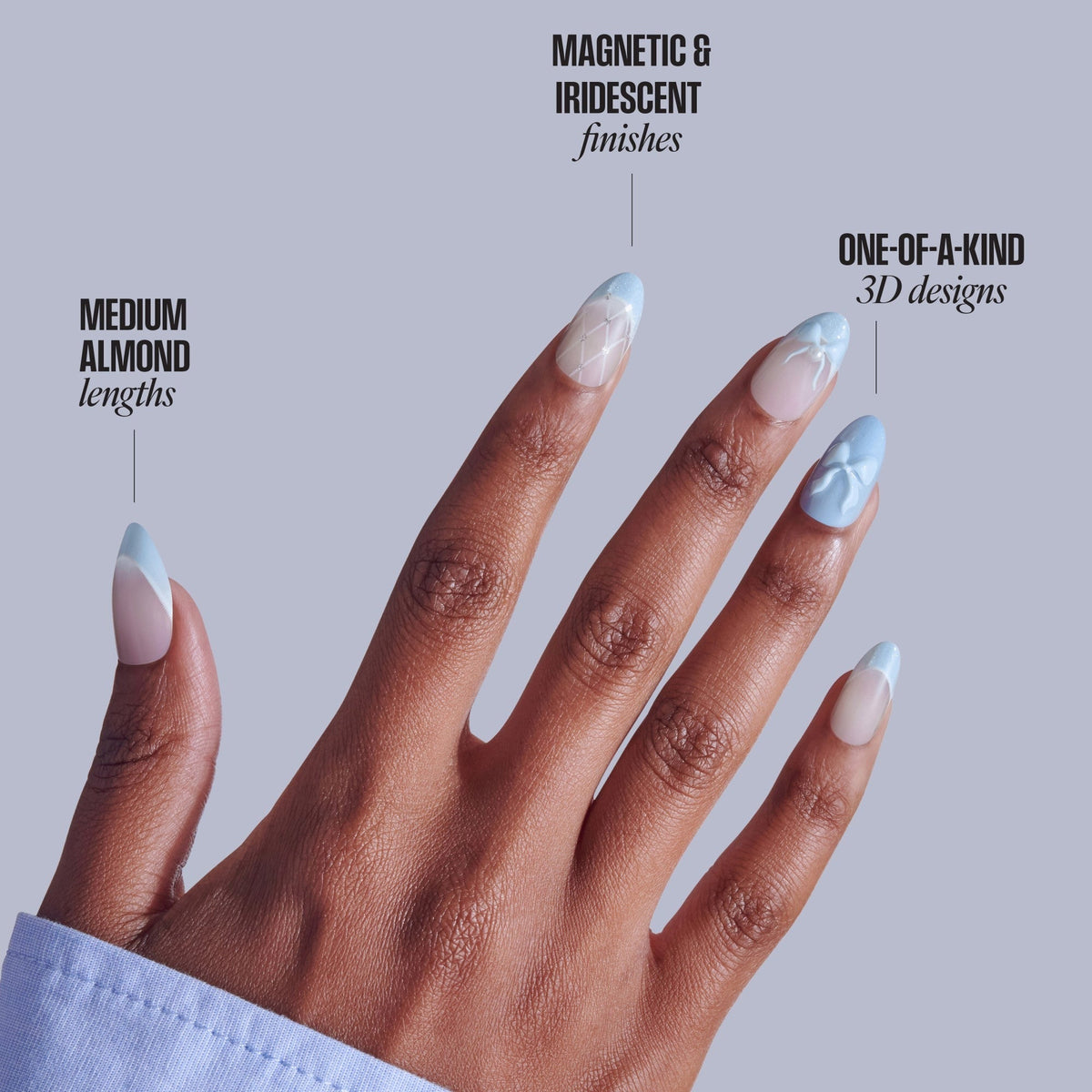 Kiss Nail Drip Press On Fake Glue Nails - Playful Drift | 3D & Jewel French Design, Blue, Medium, Almond