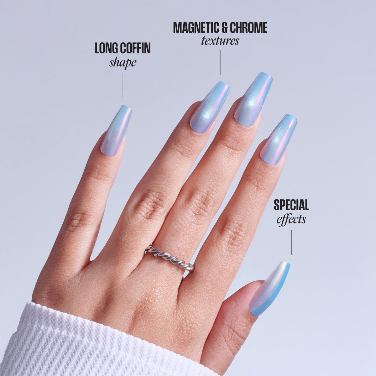 Kiss Glam Embellished Press On Fake Glue Nails - Light Me Softly | Design, Blue, Long, Coffin