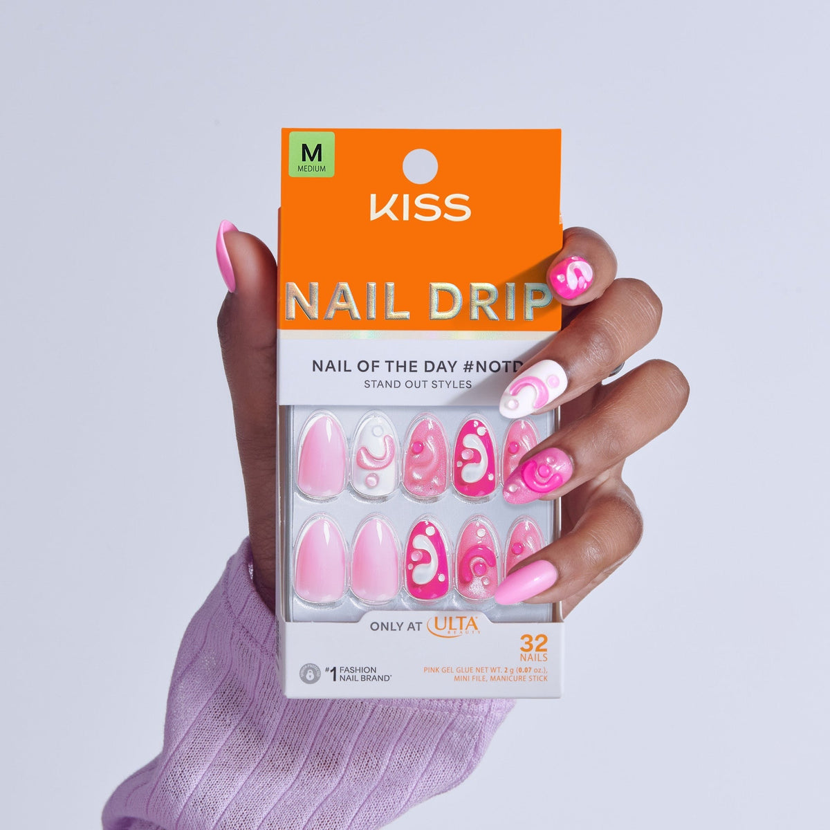 Kiss Nail Drip Press On Fake Glue Nails - Cheerful Meadow | 3D & Jewel Design, Pink, Medium, Almond