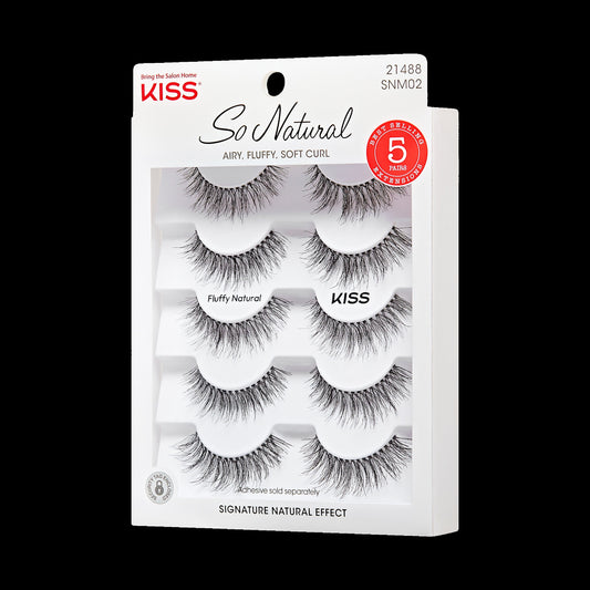 Kiss So Natural False Eyelashes - Fluffy Natural | 5 Pairs, Strip Lashes, 10mm-12mm