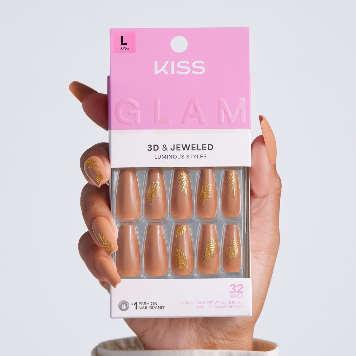 Kiss Glam Jeweled Press On Fake Glue Nails - Golden Hour Glam | 3D & Jewel Design, Brown, Long, Coffin