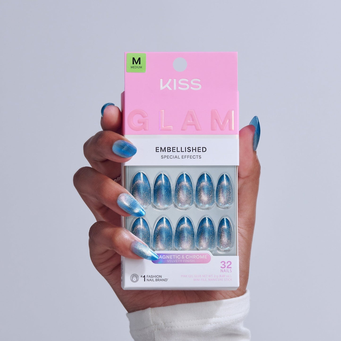 Kiss Glam Embellished Press On Fake Glue Nails - Glow Forever | Design, Blue, Medium, Almond