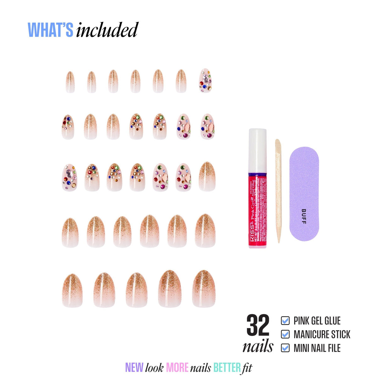 Kiss Luxe Press On Fake Glue Nails - Golden Field | 3D & Jewel Design, Gold, Medium, Almond