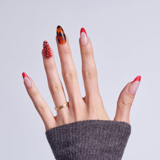Kiss Luxe Press On Fake Glue Nails - Tidal Quest | 3D & Jewel French Design, Red & Brown, Long, Almond