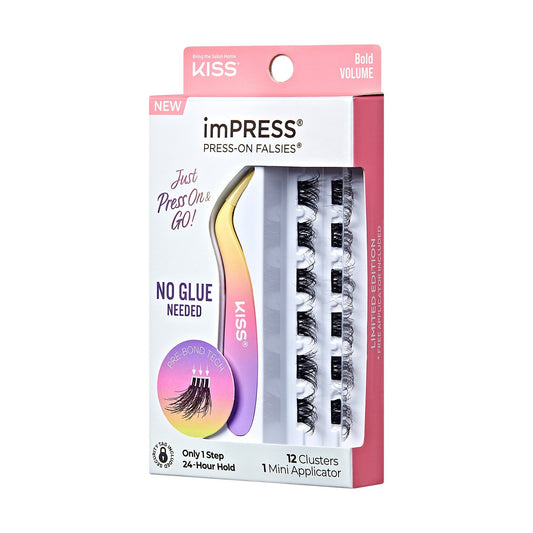 Impress Falsies Pre-Glued False Eyelashes Minipack - Bold | 12 Lash Clusters, With Mini Applicator, 12mm-14mm