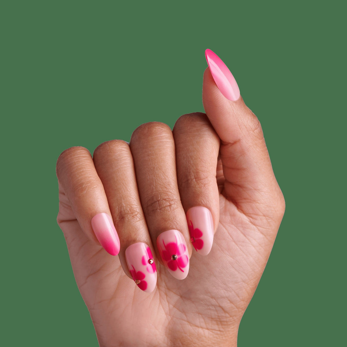Impress Design No Glue Fake Press On Nails - Summer Spell | 3D & Jewel Design, Pink, Medium, Almond, Manicure